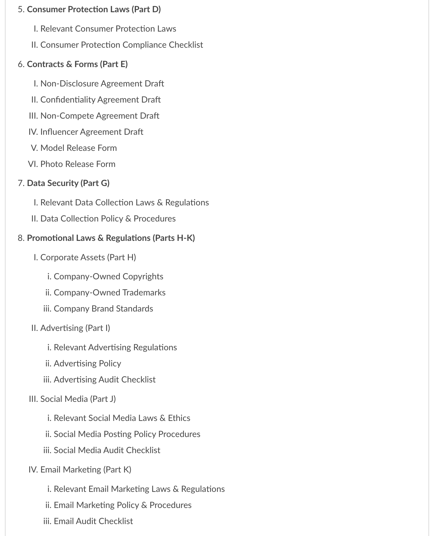 Continuation of the Digital Marketing Compliance Binder outline covering Parts D–K, including contracts, data security, and promotions.